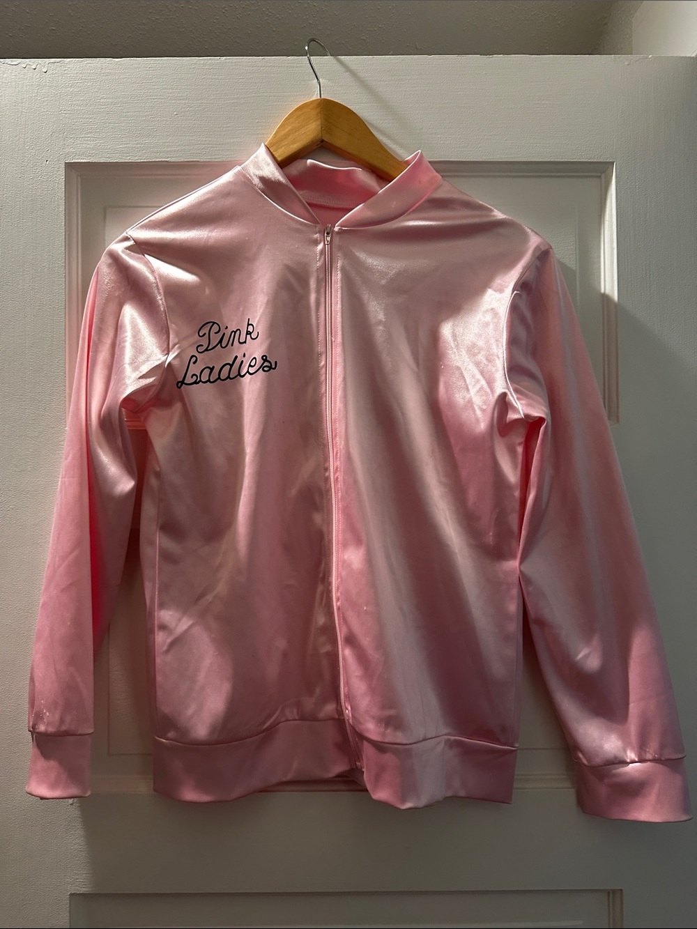 Pink Ladies Retro Pink Satin Bomber Jacket size Small